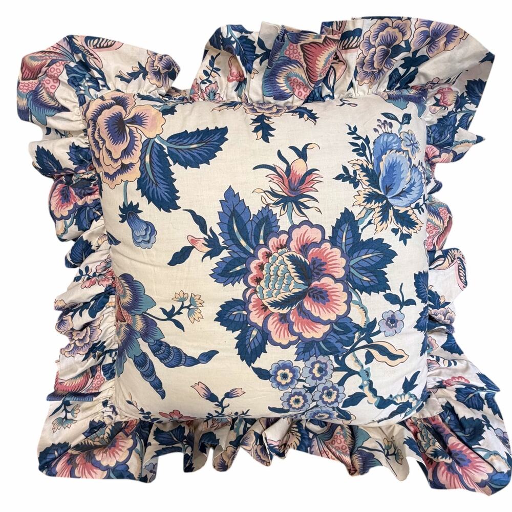 Waverly Floral Ruffle Pillow Jacobean Blue Chintz Grandmillennial Cottagecore